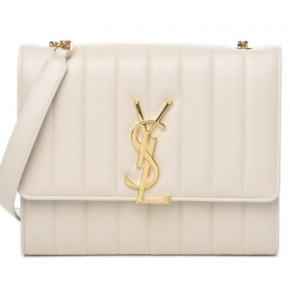 Saint Laurent Lambskin Matelasse Monogram Vicky Wallet on a Chain Off White